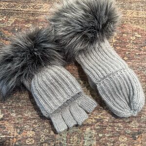 Kate Spade Knit Mittens Fingerless Gloves Convertible Mittens Gray Faux Fur Trim